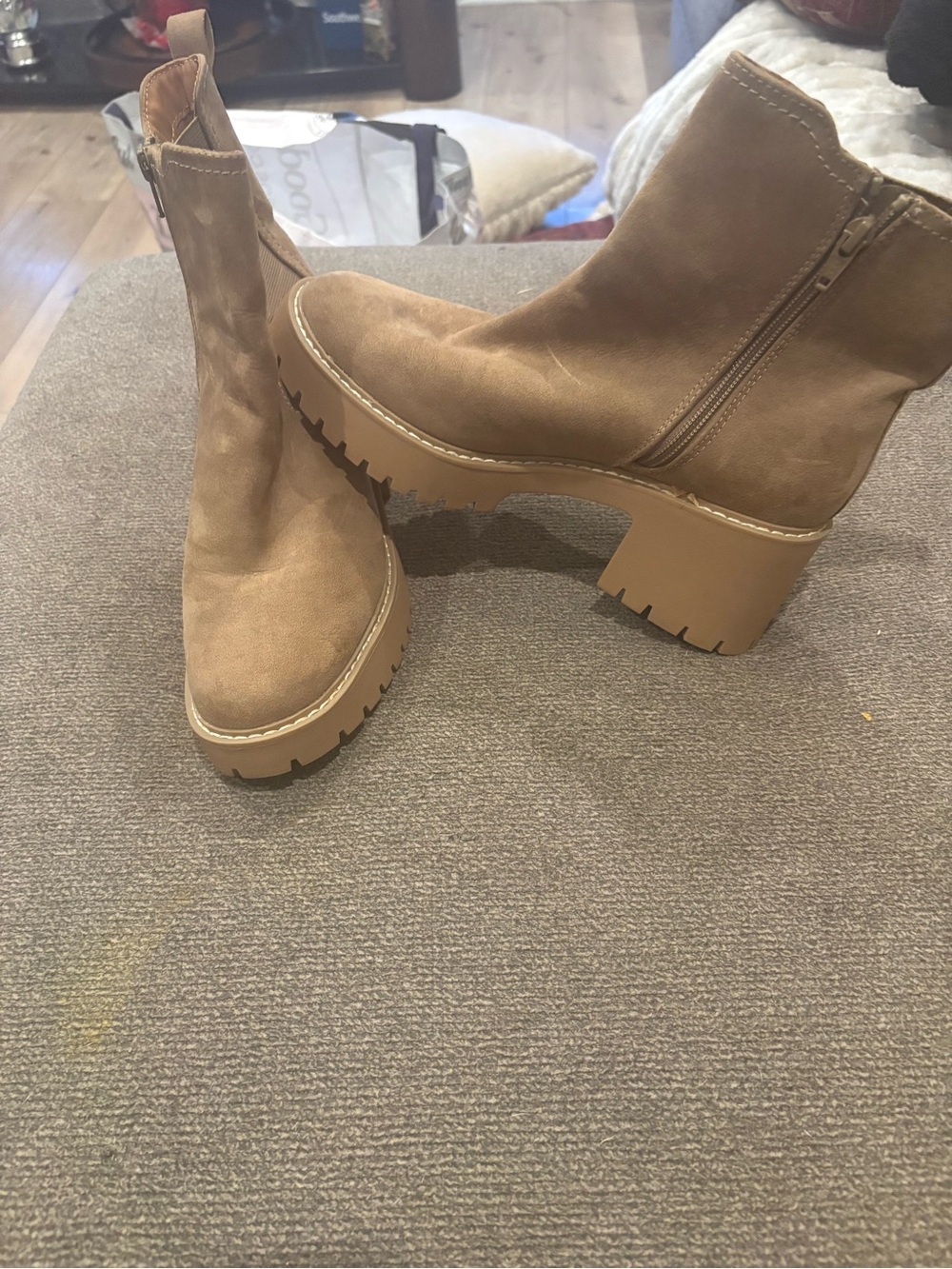 Platform Tan Suede Ankle Booties with Chunky Heel